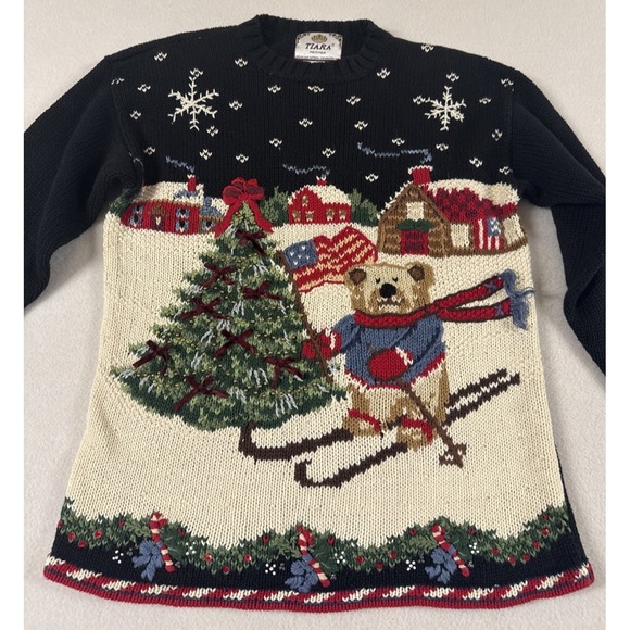 Tiara Sweaters - Vtg 90's Christmas Sweater Women's PMed 3D Patriotic Bear Skiing American Beaded